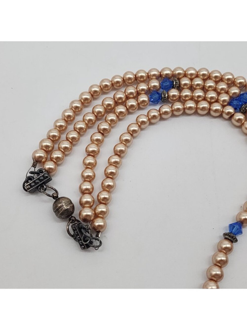 Two Strand Pendant Necklace Blue Murano Style Glass Leaf Faux Pearl Crystal - Picture 5 of 10